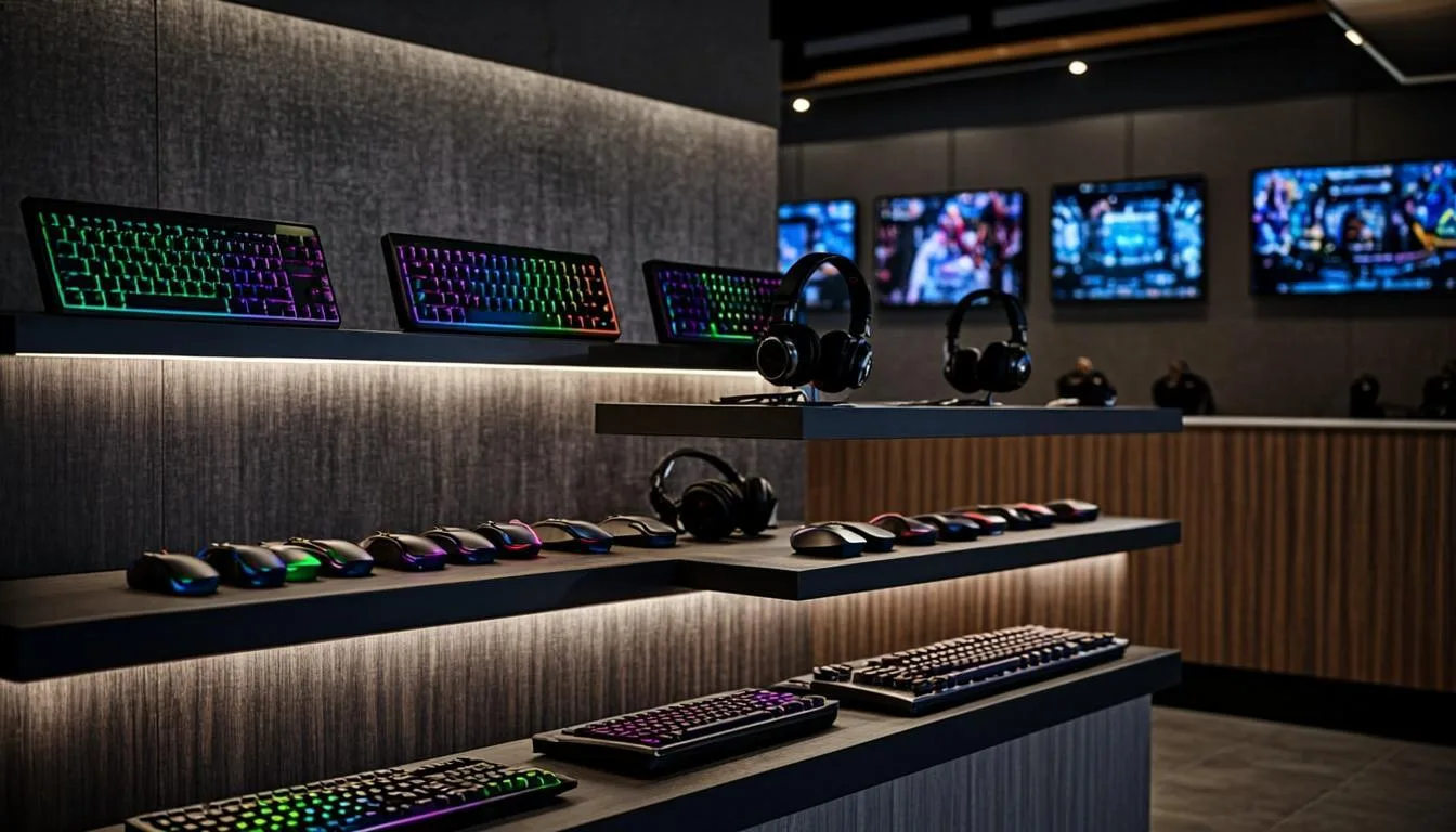 Mechanical keyboards, gaming peripherals and CCTV displays at the Glorious Trade Hub counter in Siddharthanagar