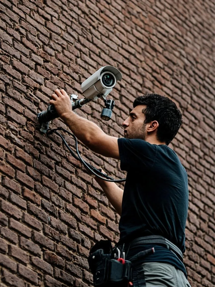 A Glorious Trade Hub technician mounting a dome CCTV camera on a building exterior