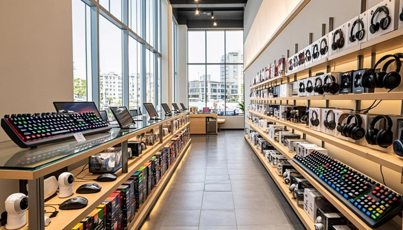 Shelves of mechanical keyboards, gaming peripherals, and CCTV boxes inside the Glorious Trade Hub showroom